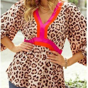 Cheetah Color Block V Neck Balloon Sleeve